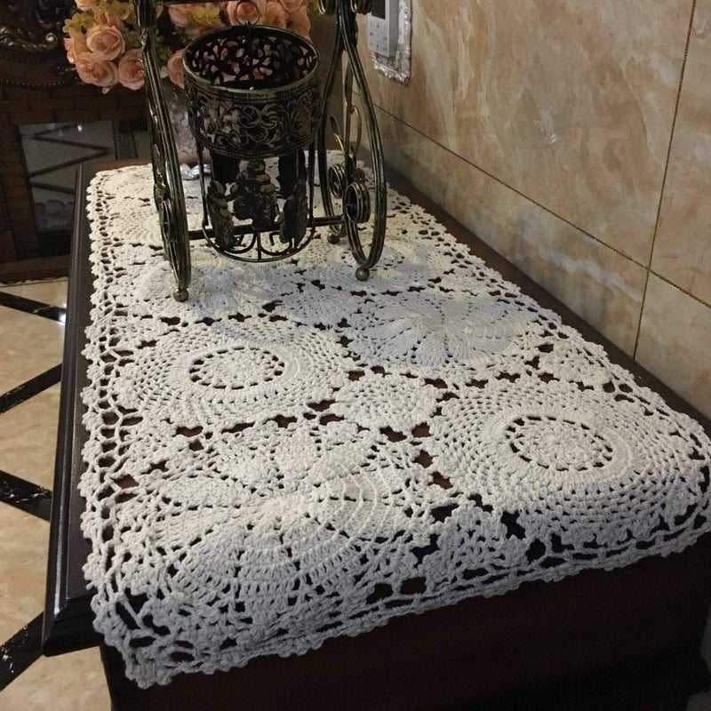 USTIDE 2PC Rustic Floral Table Runner Hand Crochet Table Placemats White Cotton Table Doilies Runners,15.7 inchx31.5 inch - Image 3
